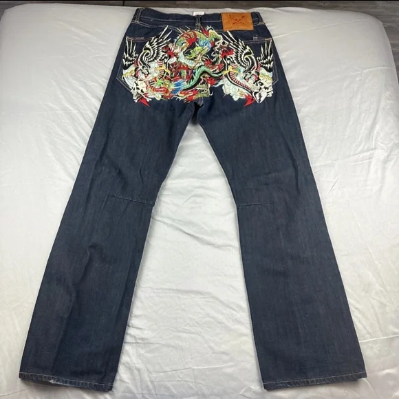 RARE Ed Hardy Dark Wash 2009 Tiger Dragon Scull Tattoo Jeans